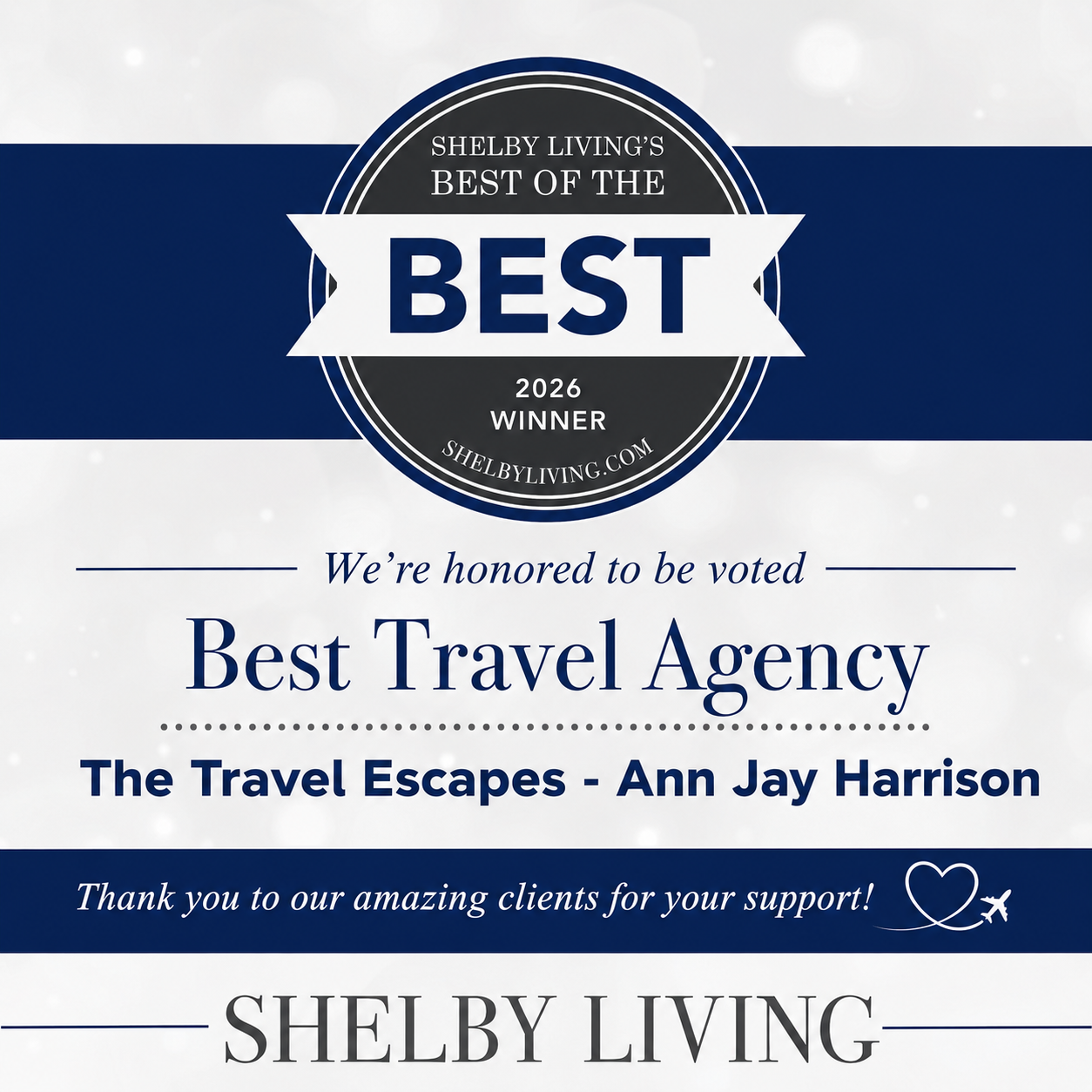 Shelby Living's Best of the Best 2026 Winner artwork: Best Travel Agency — The Travel Escapes, Ann Jay Harrison