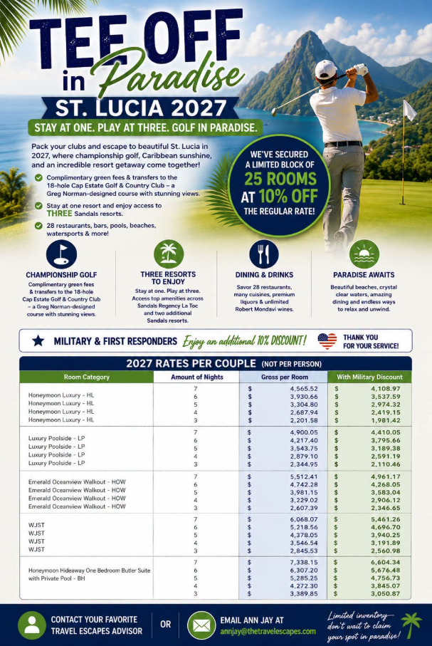 Tee Off in Paradise — St. Lucia 2027 promotional sheet showing the golf and resort inclusions, the 25-room block at 10% off, the military and first responder discount, and the full 2027 rates-per-couple table by room category and number of nights